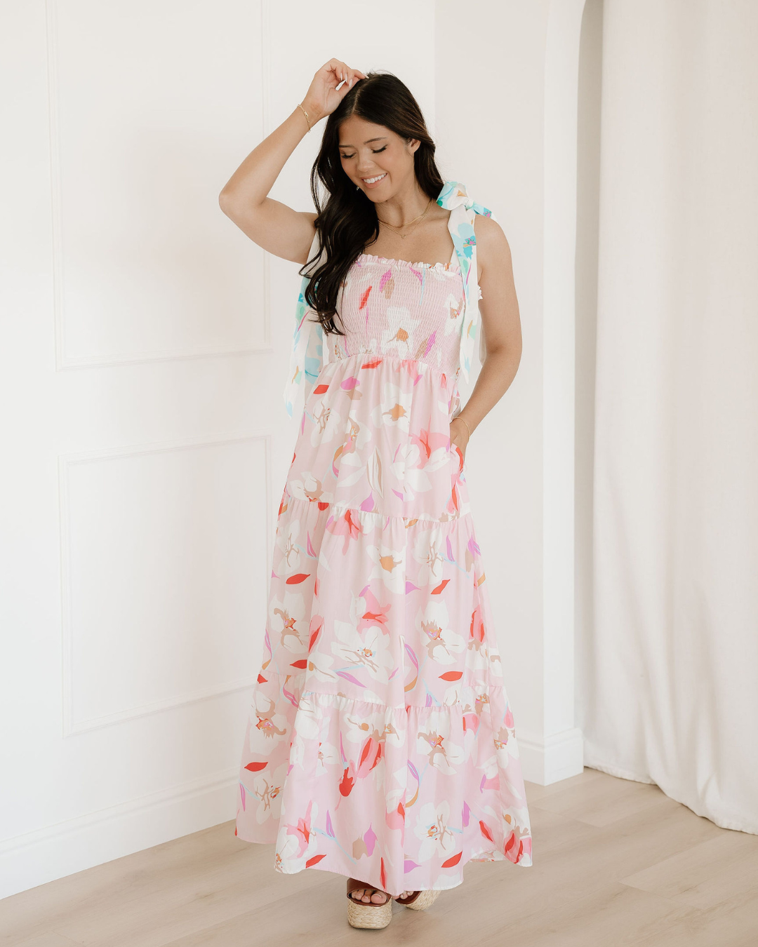 Sunshine Floral Print Knotted Shoulder Smocked Maxi Dress