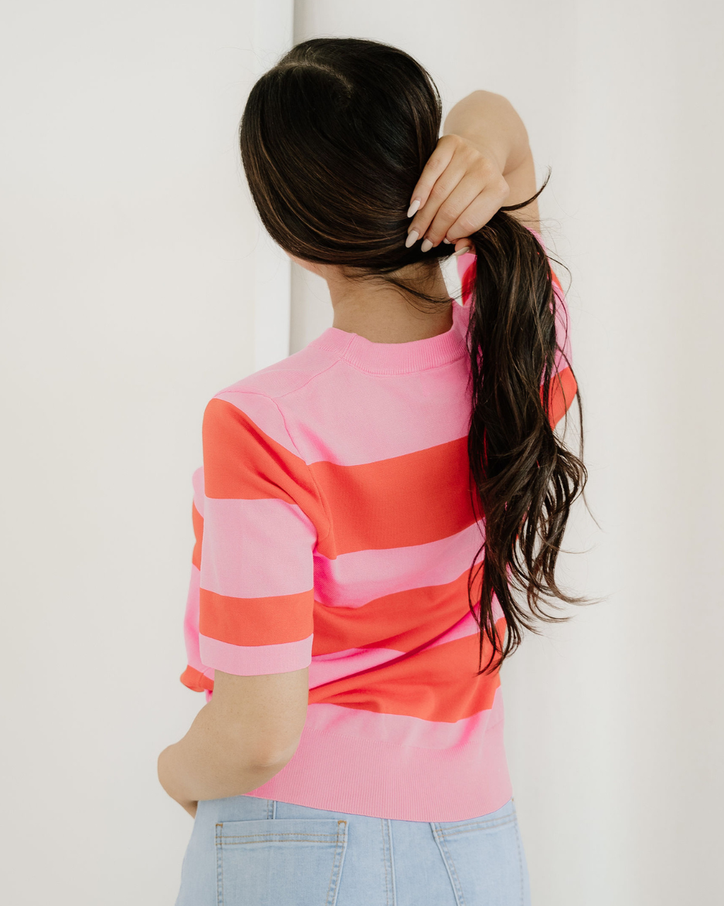 Striped Knitted Sweater Tee - Pink